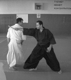 Sensei Toby Threadgill realisando tanto dori com Marco como Ukemi no Samurai Dojo na Suecia